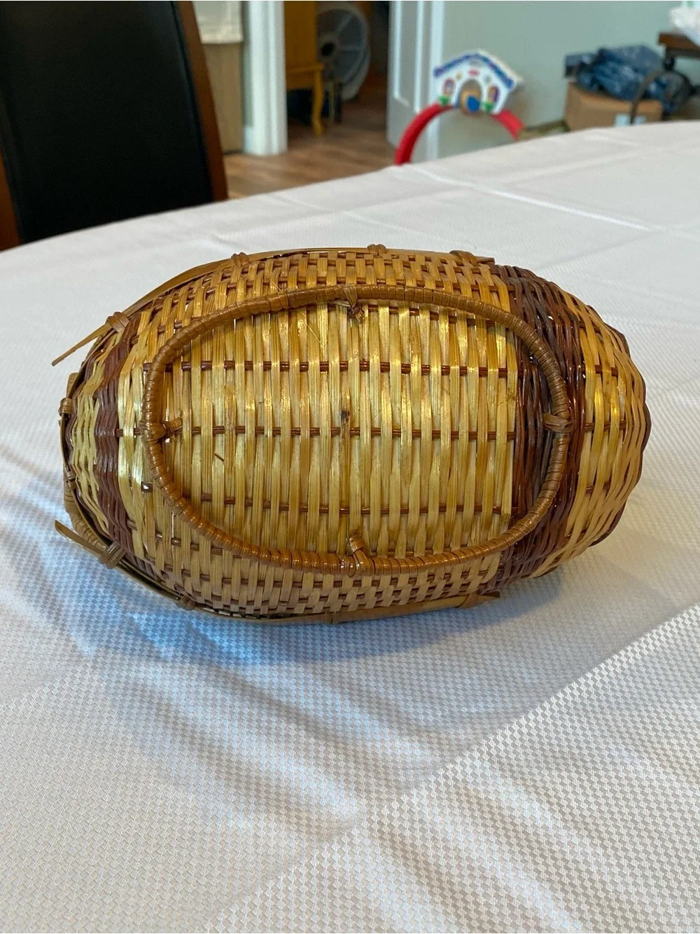 Vintage Woven Rattan Turkey Handle Basket - Natural Brown